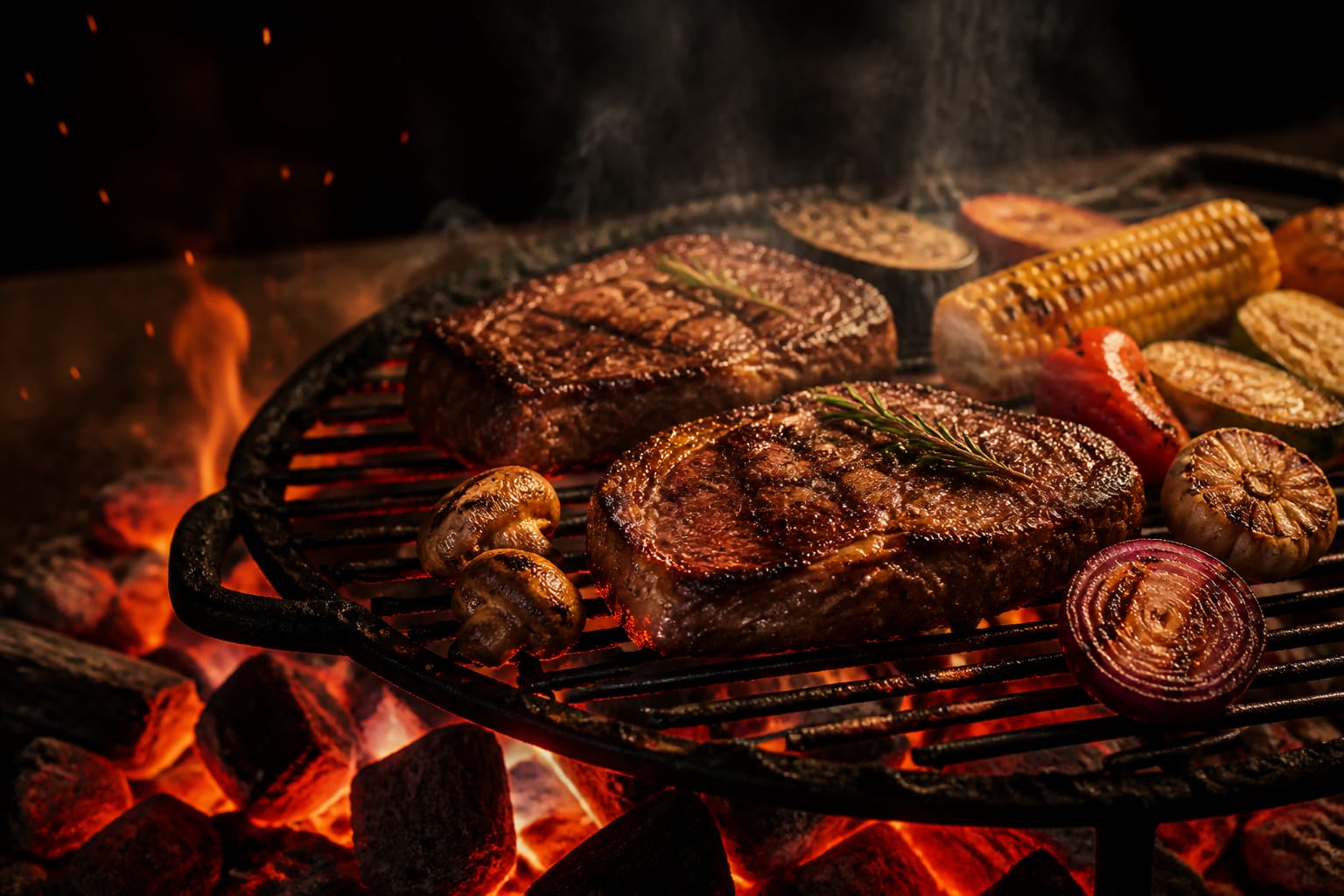 Parrilla encendida con brasas y fuego
